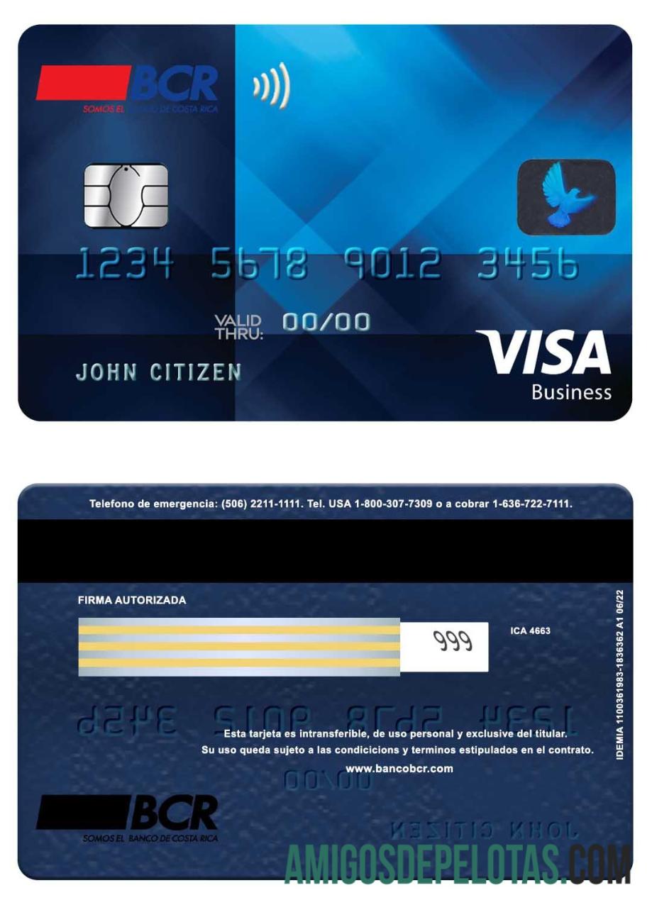 Costa Rica Cartão de visita Visa do Banco da Costa Rica (BCR) amostra